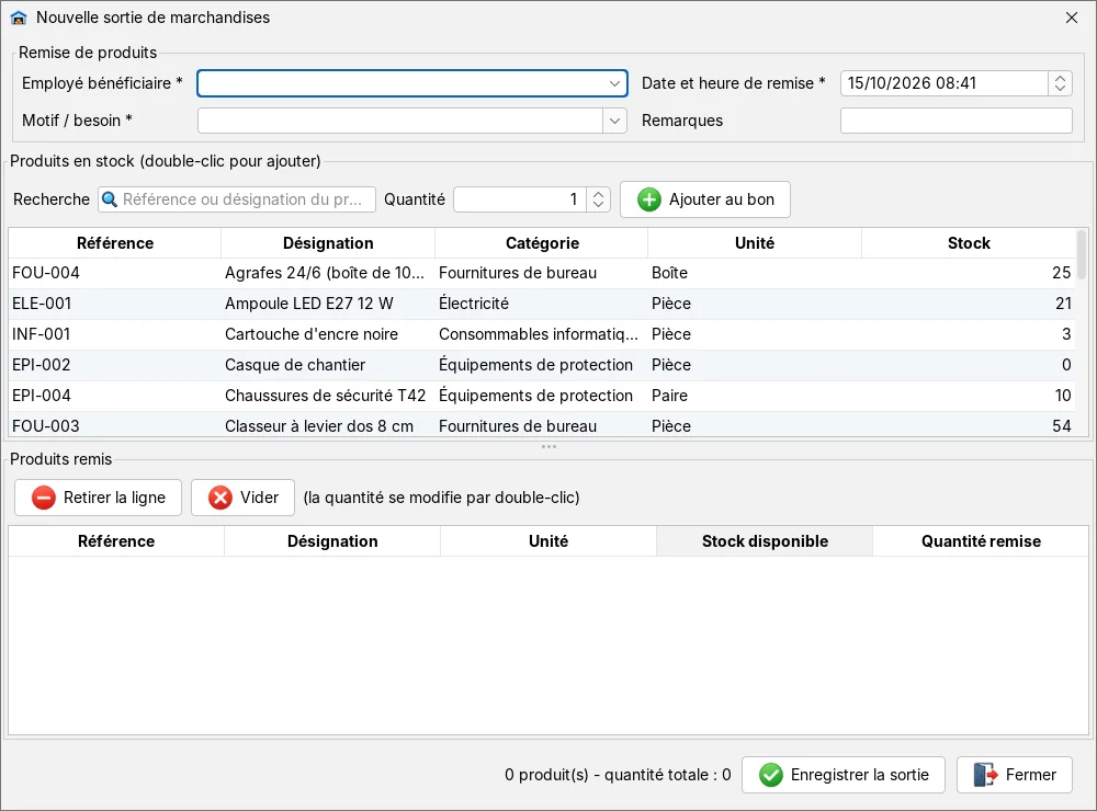 Sortie vers un employé dans MagManager
